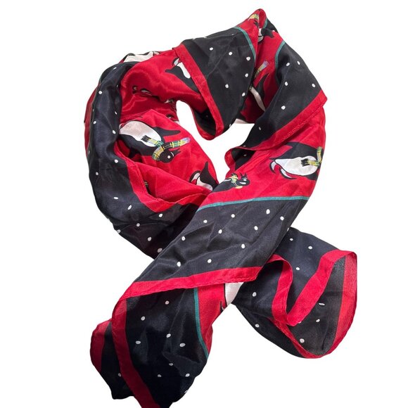 Talbots Holiday Penguin Print Silk Scarf 35x35 Inches Red & Black With Polka Dot - Picture 1 of 6
